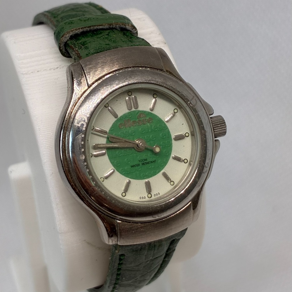 Vtg Ellesse Women's Watch Water Resistant Green Face Dial Leather Band